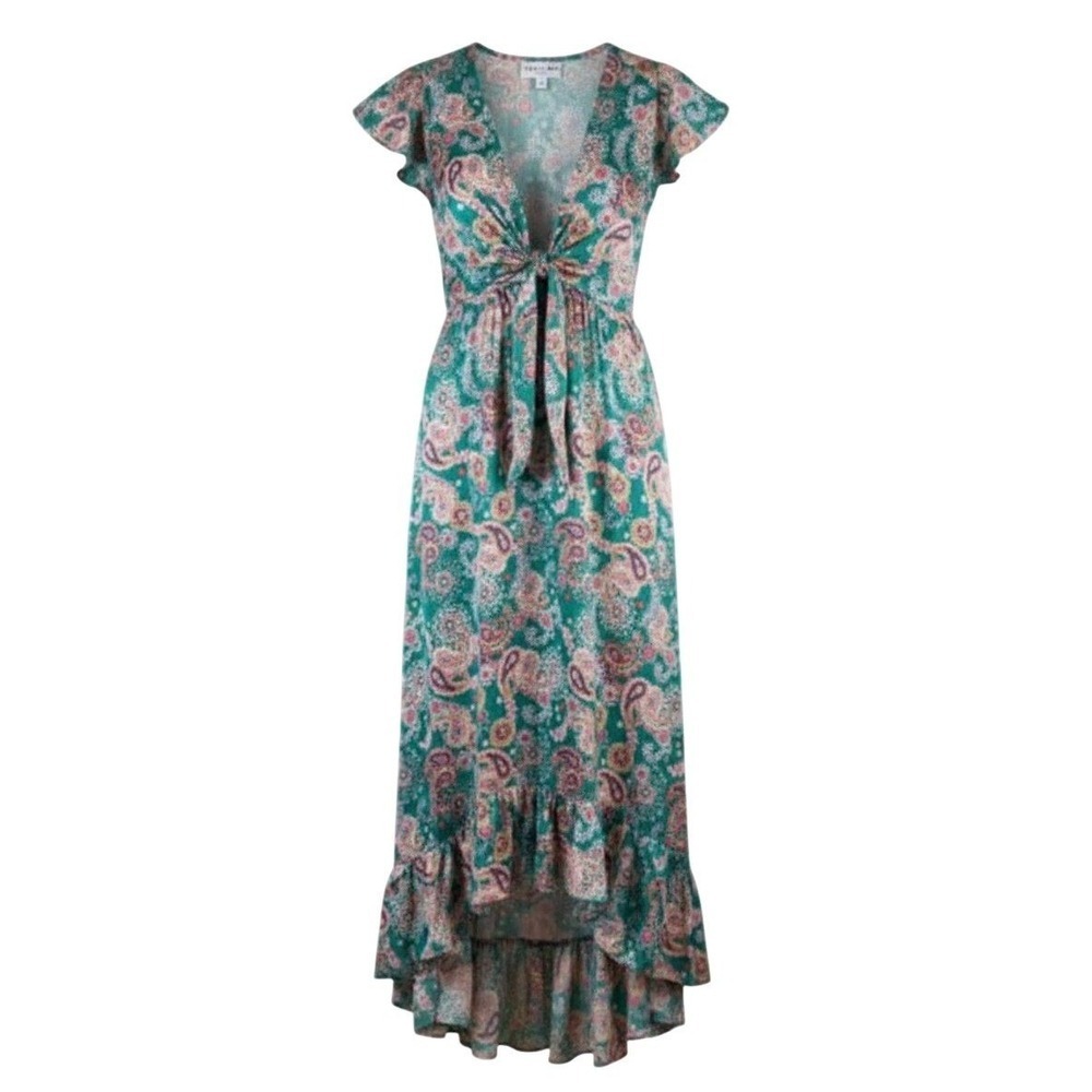 First Love by Lovelyn Maxi Dress Sz 2X Green Paisley Tie Front Boho Cottagecore